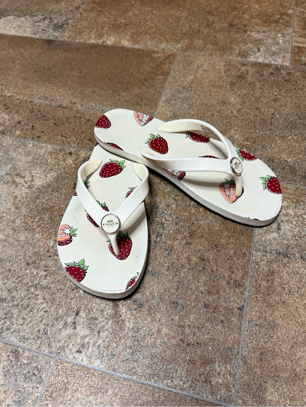 Coach Cream Flip Flops with Red Strawberry Print